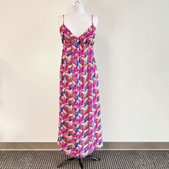 Champagne & Strawberries Women Large Striped Abstract Print Pink Maxi Dress Silk - Picture 1 of 9